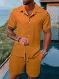 Riolio Spring And Summer New Sports Men's Polo Casual Solid Color Loose Short-sleeved Drawstring Shorts Cardigan Striped Sports Suit