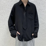 Riolio  Solid Color Shirt with Tie Spring Autumn New Style Hong Kong Style Retro Versatile Long Sleeve Men's Loose Casual Top Trend