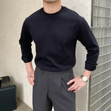 Riolio  New Autumn Fashion Men T-shirt Light Luxury Solid Color Long Sleeve Tops Leisure Streetwear Casual O Neck Basic Shirts M-3XL