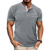 Riolio  Men's Grey Henley Neck Short Sleeve T-Shirt with Contrast Stitching Chest Pocket Casual Muscle Fit Top