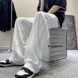 Riolio Men's Fashion Straight Pleated Pants Elastic Waist Casual Pants Men's Street Loose Ice Silk Wide Leg Pants White Black M-5XL