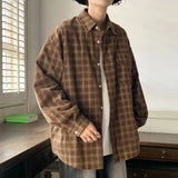 Riolio Autumn Plaid Corduroy Men Shirts New Y2K Streetwear Workwear Blouses Retro Long Sleeve Cargo Shirt Loose Casual Tops