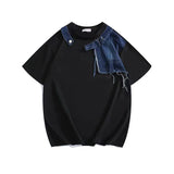 Riolio American summer high street men and women trendy denim patchwork round neck short sleeved couple hip-hop loose casual T-shirt