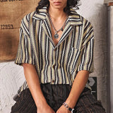 Riolio  Vintage Turn-down Collar Striped Knit Shirts Men's New Casual Button-up Cardigans Men Fashionable Short Sleeve Knit Slim Shirts