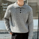 Riolio  Autumn Men's Knitted Polo Sweater Long Sleeve Striped Jacquard Light Luxury Lapel Pullovers Trendy Korean Style Premium Knitwear
