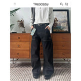 Riolio  JEANS MEN Black Straight Leg Mens Jeans Novel Pocket Design Front Patch Denim Pants Trendy Fashion Casual Trousers Hot Sale 2025