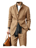 Riolio  Men's Linen Blend 2 Piece Suit Set Stand Collar Three Button Breathable Casual Blazer Pants For Business Daily Wear Summer