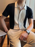 Riolio  Summer Casual Slim Short Sleeve Polos Mens Shirt Fashion Knitted Striped Patchwork Shirts Men Turndown Collar Buttoned Tops