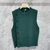 Riolio Men's Luxury Knitted Pullover Sweater Vest Casual Streetwear Button Solid Color O Neck Sleeveless Loose Stylish Vintage Knitwear