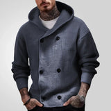 Riolio Fall Winter Warm Knitted Jackets Mens Fashion Double Breasted Hooded Sweater Cardigans Men Vintage Solid Color Knit Jacket Coat