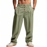 Riolio  Men's High Waist Linen Wide Leg Pants with Button Detail Elastic Drawstring Casual Trousers for Men