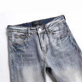 Riolio Small Korean Version Of Jeans With Holes, Trendy Print, Elastic Slim Fit, And Small Leg Men's Pants