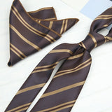 Riolio  2PCS Neck Tie Set Luxury Brown Floral Dots Neckties Khaki Striped Handkerchief Polyester Woven Pocket Square Shirt Accessories