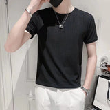 Riolio  Summer Men's Knitting Ice Silk Solid Color Round Neck Short-sleeved Korean Version Slimming Stripe Hollowed-out Fashion Casual