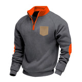 Riolio  Cross-border winter men's loose heavy-duty velvet stand-up collar contrasting color patch zipper pocket long-sleeved sweater