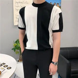 Riolio  Men Summer Ice Silk Short Sleeve T Shirt Business Round Neck Slim Breathable Thin Knit Shirt