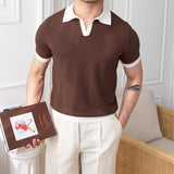 Riolio  Classic Mens Knitted Polo Shirts Slim Fit Short Sleeve Patchwork Polo Neck T Shirt  Summer Casual Breathable Knit Polo Shirt