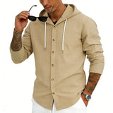 Riolio  Men's Striped Hooded Shirt Long Sleeve Button Down Casual Linen Blend Hoodie Shirt for Daily Wear