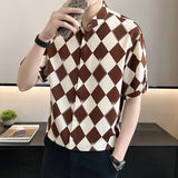 Riolio  High-end Diamond Plaid Shirt for Men's Short-sleeved Handsome New Ice Silk