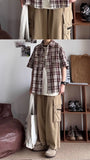Riolio  New Men's Color-blocking Retro Plaid Shirt Lapel Teenager
