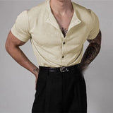 Riolio  Breathable Ice Silk Knitted Mens Shirts Slim Fit Short Sleeve Button-up Casual Shirt Summer Trendy Solid Color Knit Shirts
