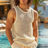 Riolio Summer Men's Solid Hollow Mesh Knitted Sleeveless Vest Sexy Fashion Casual Trend Simple Loose Breathable Sports Gym Men's Tops