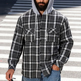 Riolio  Men's Plaid Flannel Shirt Jacket Detachable Hooded Button-Down Shacket for Casual Wear