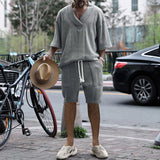 Riolio New Summer Men's Set Loose Casual Sports Suit High-quality Jacquard V-neck Short-sleeved Shorts Two-piece Men's Clothing