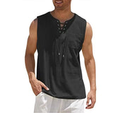 Riolio  Cotton Linen Shirts For Men Casual Solid Color Vest Lace Up Sleeveless Shirts V-Neck Tank Tops Baggy Shirt Male Lightweight Tees