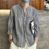 Riolio  Spring Summer New Solid Color Fashion Round Neck Shirt Man High Street Three Quarter Button Cardigan Fiberflax Breathable Tops