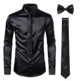 Riolio Black Mens Silk Dress Shirts 3Pcs(Shirt +Tie+Bowtie) Smooth Satin Shirt Men Slim Fit Party Prom Casual Shirts Men Social Camisa