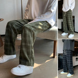 Riolio Mid-Rise Elastic Waistband Men Pants Pockets Straight Wide Leg Casual Trousers Plaid Print Drawstring Loose Corduroy Pants