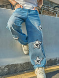 Riolio  American Retro Letter and Star Embroidered Jeans with a Street-Style Niche Design, Loose Wide-Leg Versatile Scimitar Pants, Trendy