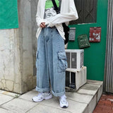 Riolio  Baggy Jeans Men's Oversize Streetwear Fashion Wide Leg Cargo Pants Hip Hop Harajuku Multi-Pocket Denim Trousers Black Blue