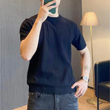 Riolio  Knitted Short-sleeved T-shirt Men's Solid Color Stripe Summer Casual Half-sleeved Round Neck Heavyweight Bottoming Shirt