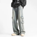 Riolio  Spring and Autumn Street Couple Loose Retro Straight Tube Multi Pocket Washed Jeans for Men and Women Loose Hip Hop Casual Pants