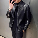 New Men Leather Jacket Classic Slim Fit Motorcycle PU Leather Jacket Solid Color Standing Collar Men Large Black Leather Jacket