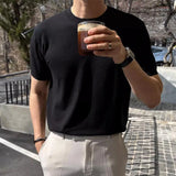 Riolio  Summer Casual Mens Ice Silk Knit Tops Leisure Breathable Solid Color Slim Knitting T Shirts Men Fashion Short Sleeve Tees