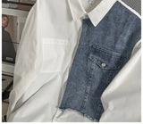 Riolio Japanese High-end Denim Jacket Spliced Long-sleeved Shirt Men's Niche Design Sense High Street Couple Loose Casual White Shirt