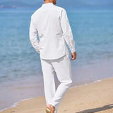 Riolio Mens Casual Linen Two Piece Sets Europe Style Vintage Basic Tops and Solid Pants Suit Male Beach Tracksuits Set