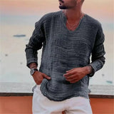 Riolio  Spring Summer Fashion Men Cotton Linen T-shirts Vintage Solid Casual Loose Oversized Tees Tops V-neck Long Sleeve T-Shirts Man