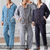 Riolio Men Warm Flannel Autumn Winter Pajamas Turn-down Collar Long-sleeved Trousers Two-piece Set Loose Comfortable Sleepwear Suit