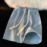 Riolio Men Wide-leg Denim Shorts Men's Quick-drying Denim Beach Shorts With Elastic Drawstring Waistband Pockets Summer Wide Leg Shorts