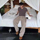Riolio New Retro Fashion Men Suit Pants Light Luxury Draped Baggy Belt Button-down Solid Color Straight Trousers Elegant Dress Pants