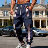 Riolio  Men's Striped Side Cargo Joggers Loose Fit Drawstring Fleece Sweatpants With Multi Pockets Casual Sports Trousers