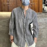 Riolio  Spring Summer New Solid Color Fashion Round Neck Shirt Man High Street Three Quarter Button Cardigan Fiberflax Breathable Tops