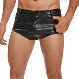 Riolio  Gothic Punk Mens Glossy Faux Leather Shorts Button Closure Pocket Detail Low Rise Shorts For Nightclub Beach Clubwear Outfit