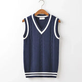 Riolio  Striped White Knitted Sweaters for Men Blue Sleeveless Man Clothes V Neck Vest Red Waistcoat Jumpers Sweat-shirt Cigaret Cotton