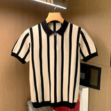 Riolio  Contrasting Color Striped Zipper Knitted Short-sleeved T-shirt Men's Niche Versatile Casual Top
