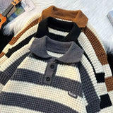 Riolio  American autumn and winter street fashion men and women collar striped sweater couple loose retro casual knitted Harajuku top